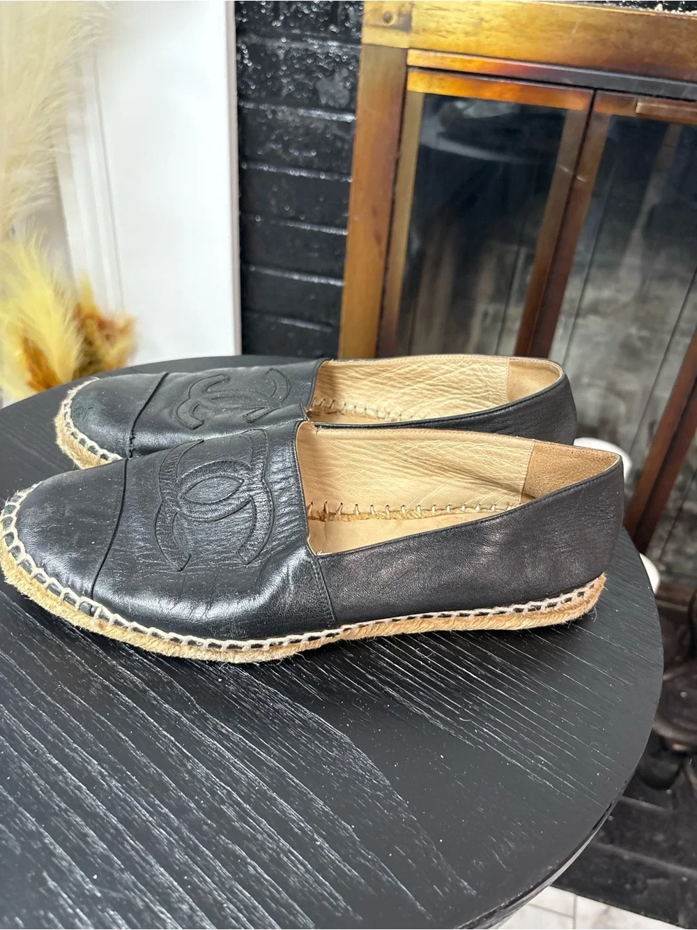 CHANEL Black Leather Espadrilles with CC Logo